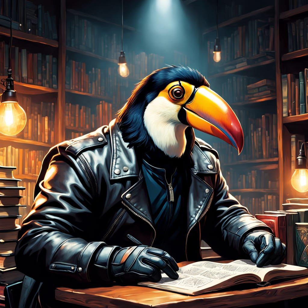 Vibrant Toucan in Leather Biker Jacket Studies Comics by War...