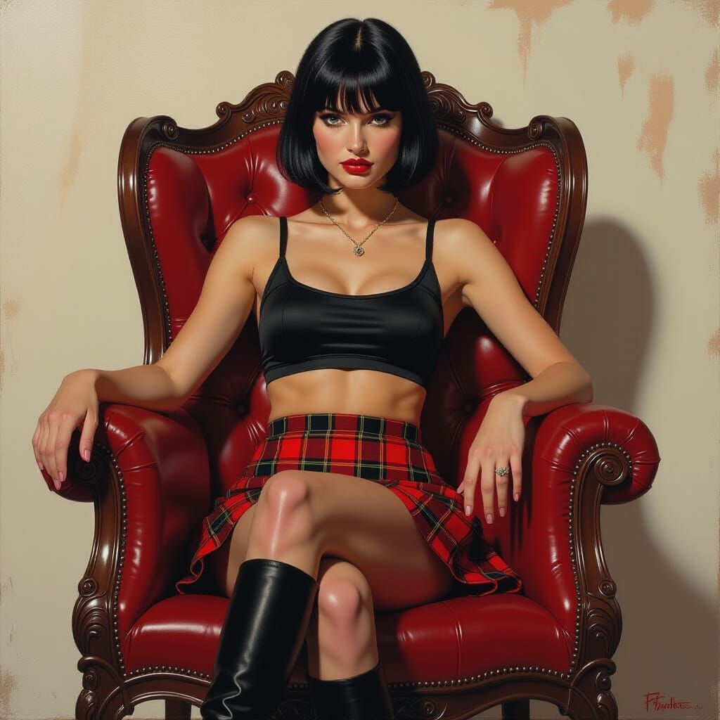 Woman in Plaid Skirt in Realistic Oil Painting Style