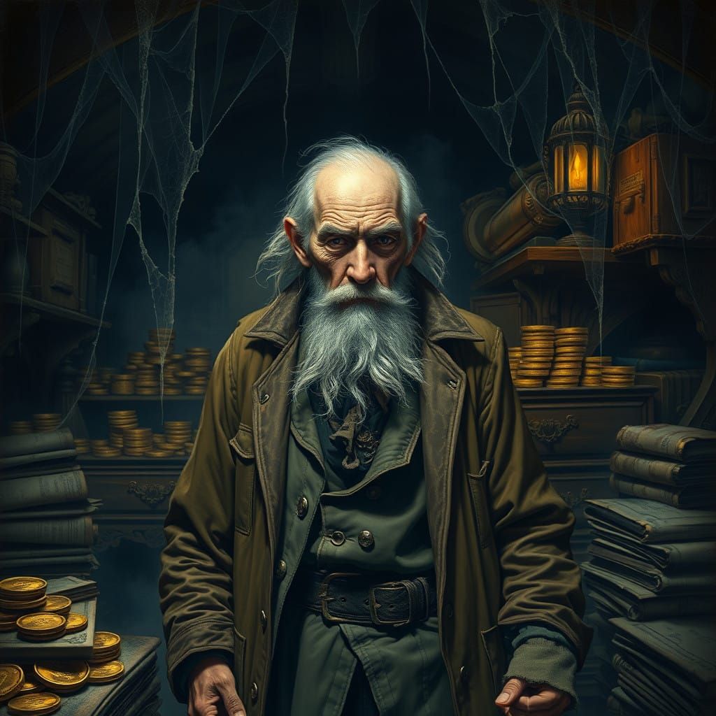Miserly Old Man in Victorian-Era Counting House