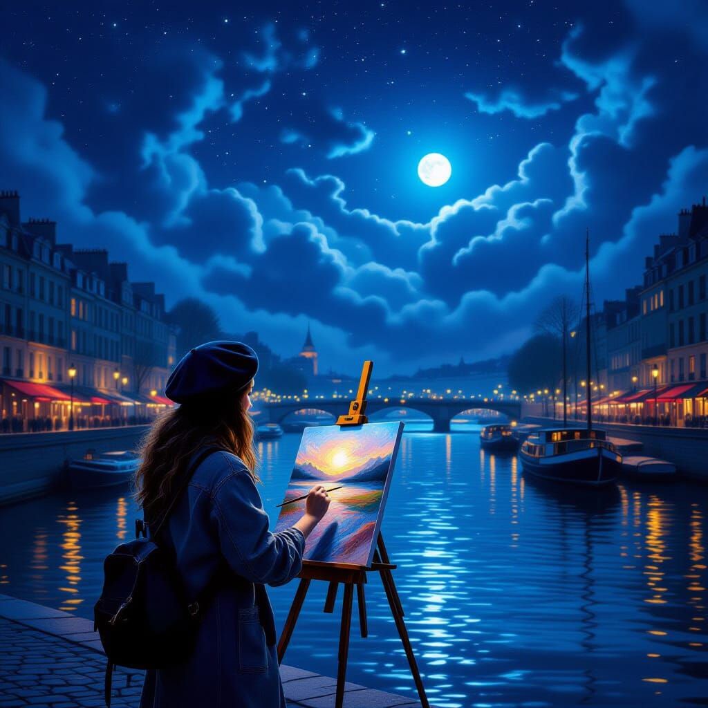 Seine River Night Scene with Artist, Digital Art