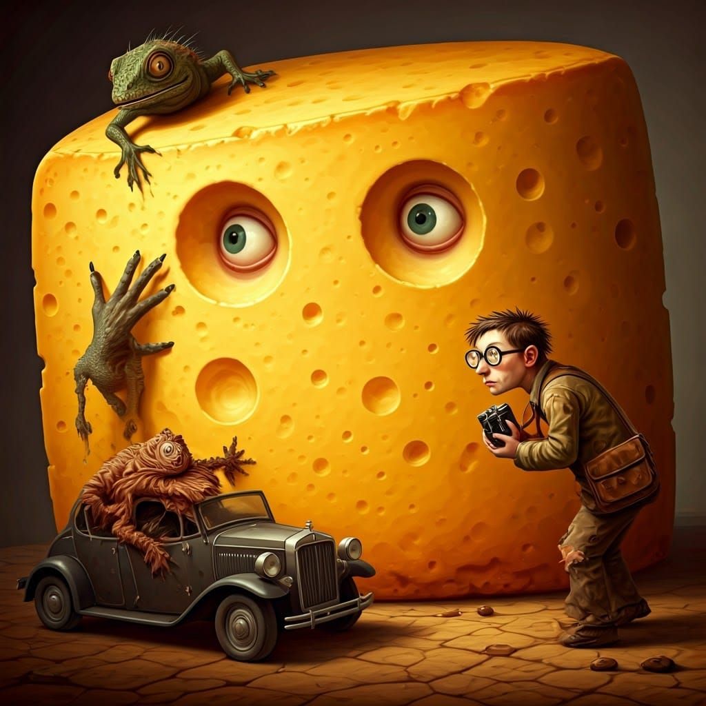 Surrealism Masterpiece of Giant Cheesecake with Whimsical Cr...