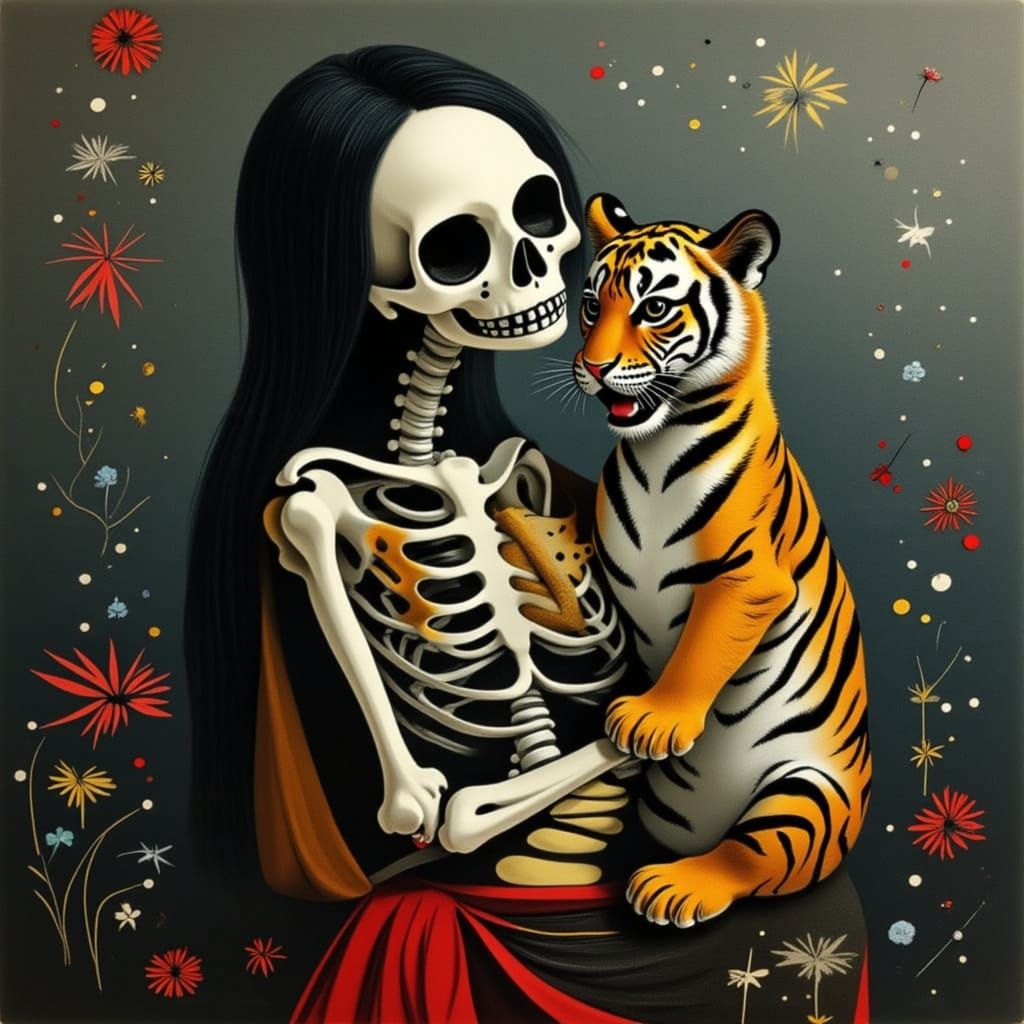 Indian Skeleton Woman Hugging Tiger Cub