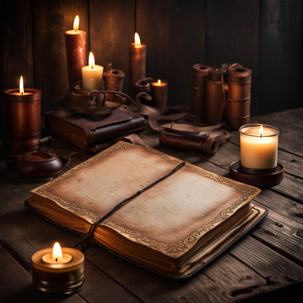 An old, weathered diary with a worn leather cover lying on a dusty wooden table, surrounded by flickering candles.