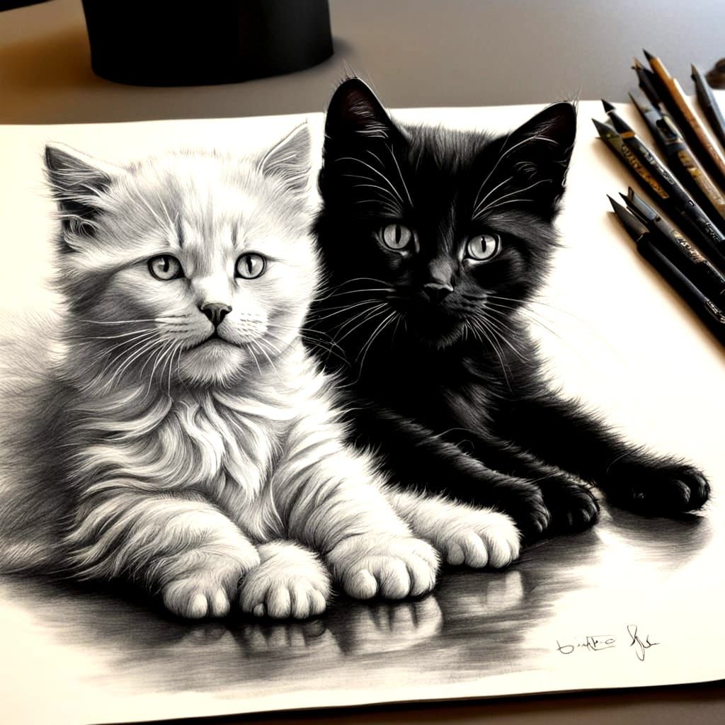 Black and White Kittens in Charcoal Drawing