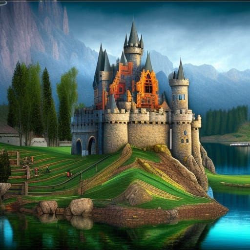Photorealistic Castle by Lake in Romantic Style