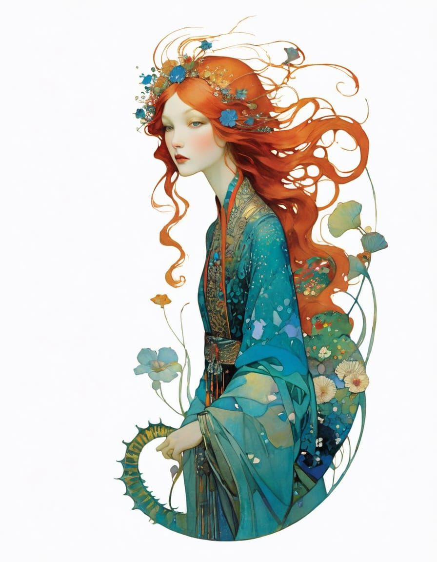 Enchanted Seahorse Illustration in Art Nouveau Style