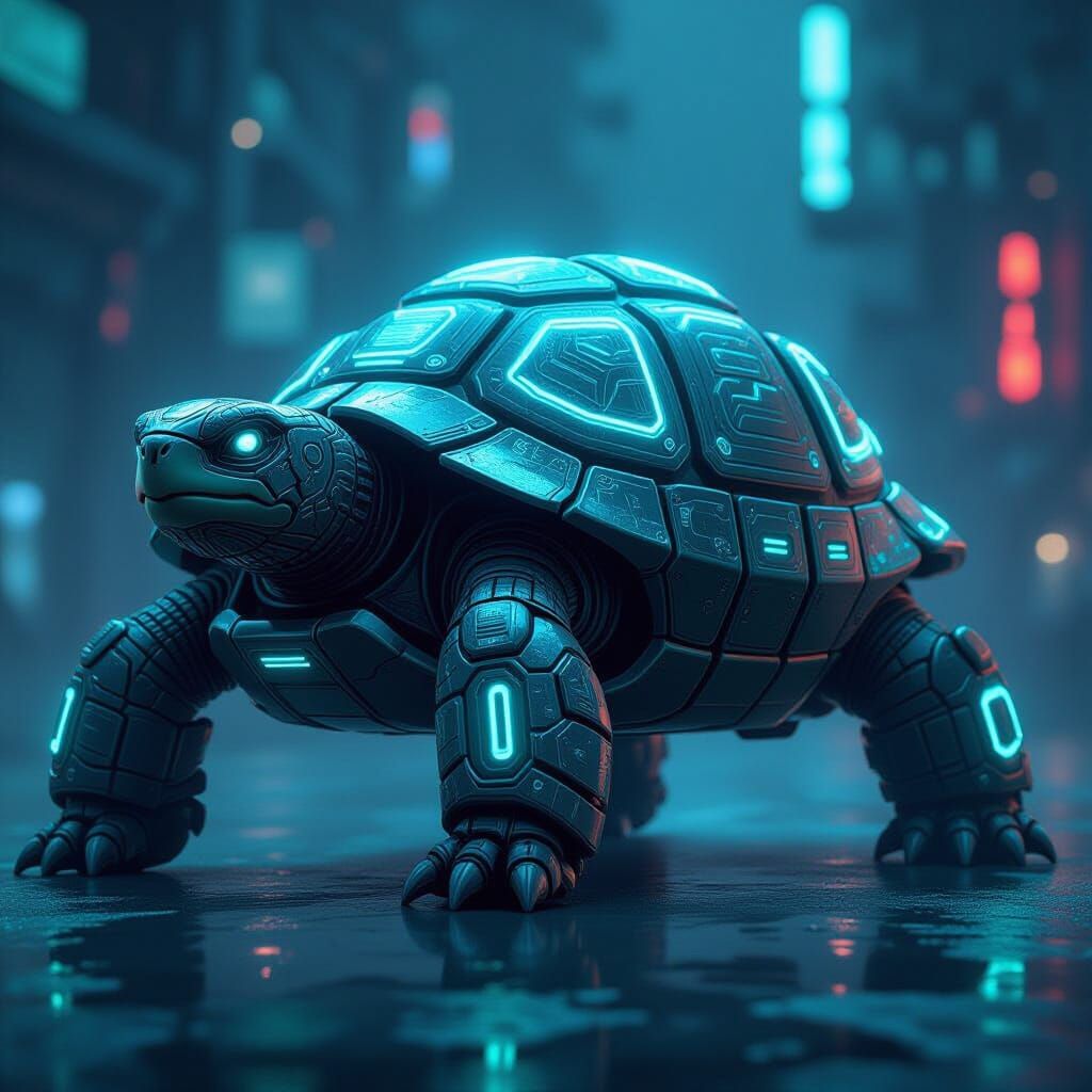 Bioluminescent Cyberpunk Turtle with Glowing Circuits