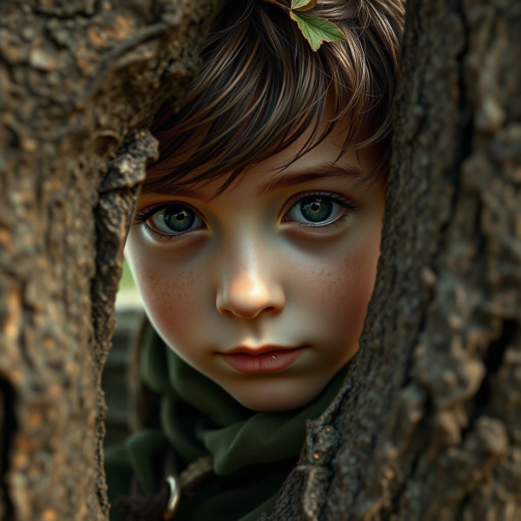 Boy Peeking From Tree: Photorealistic Forest Portrait