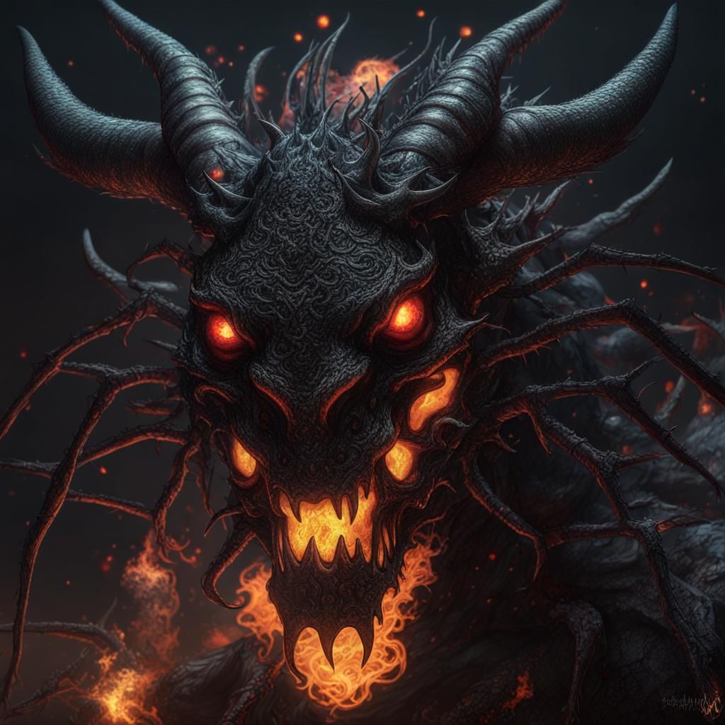 Cursed Undead Dragon Bull with Spiders: Surreal Art