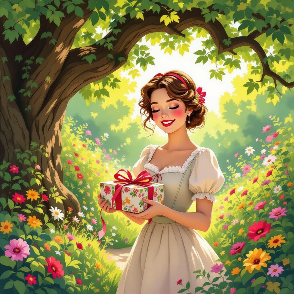 Whimsical Garden Portrait: Woman Unwraps Gift in Dappled Sun...