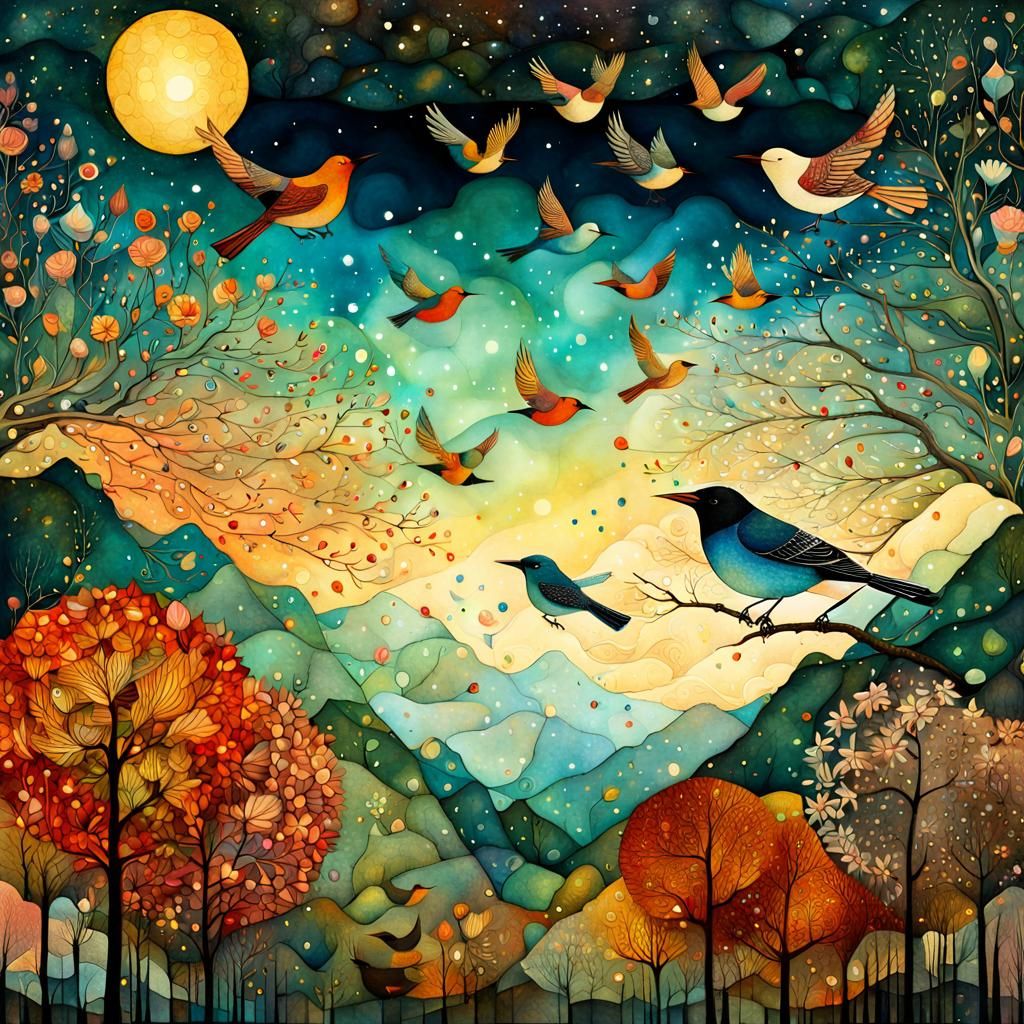 Dreamy Birds Flying in a Whimsical Sky