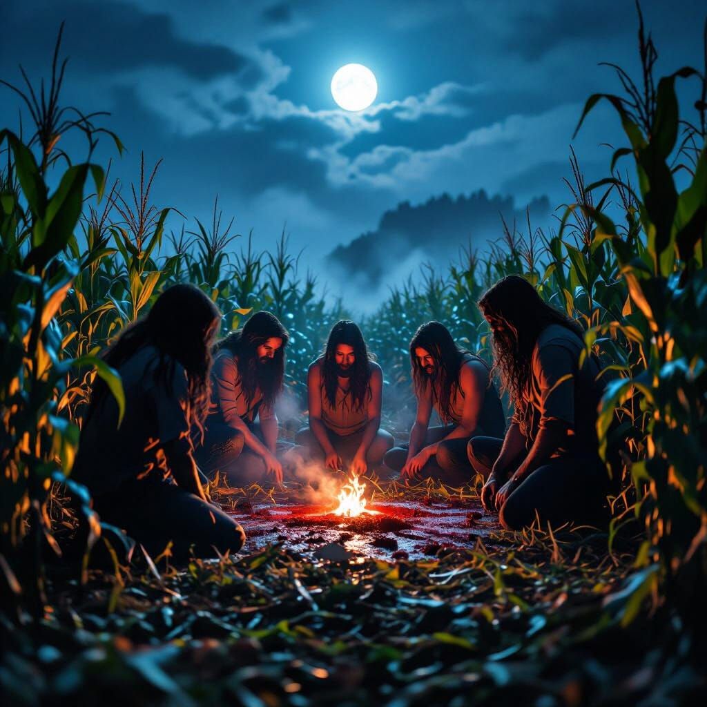 Mysterious Cornfield Ritual Under Moonlight