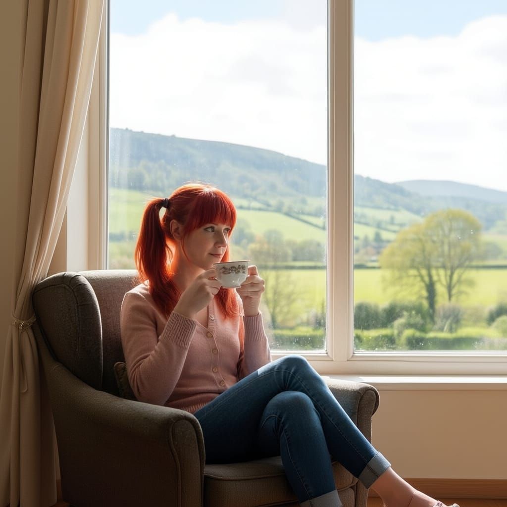 Redhead Enjoys Tea Overlooking English Valley