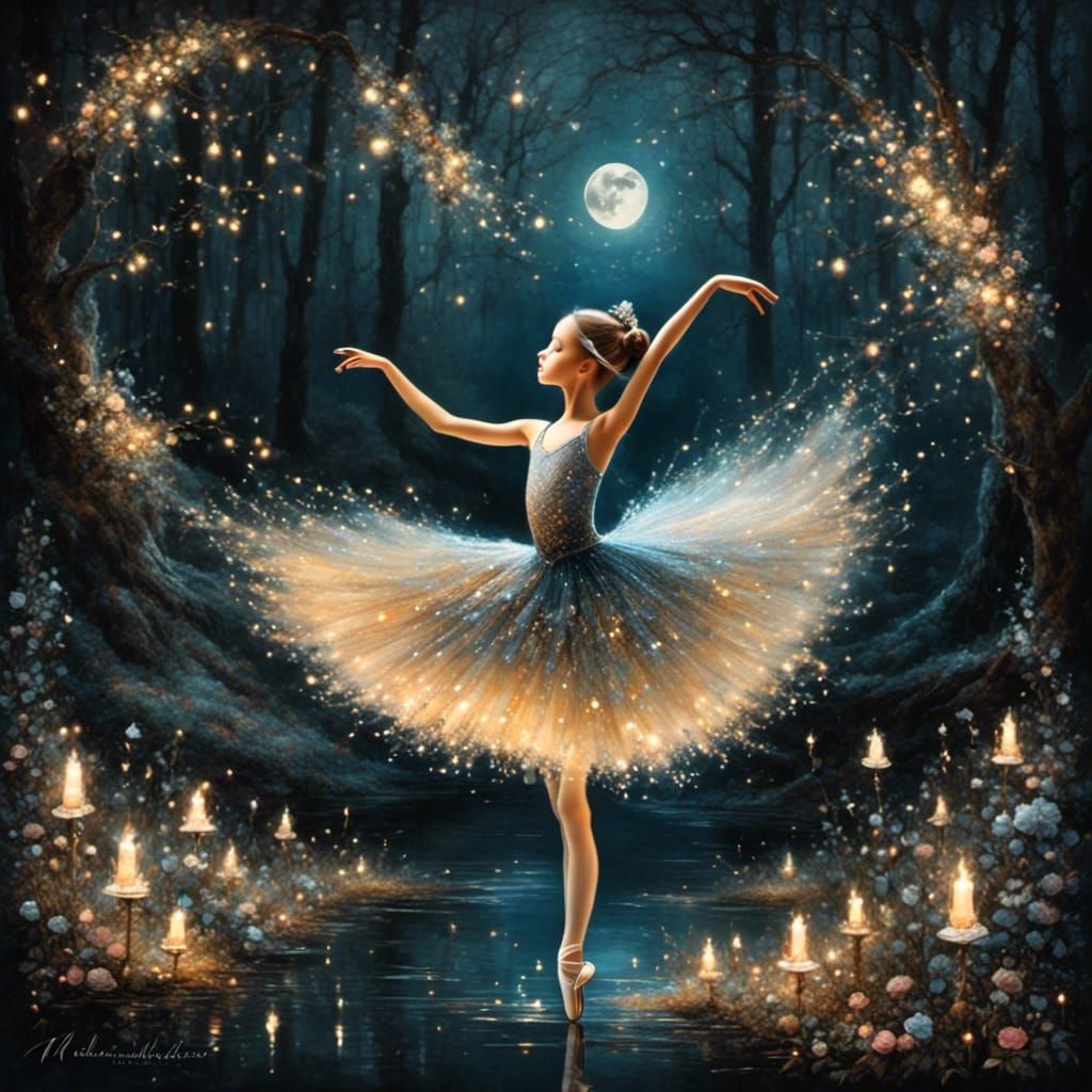 Fairy Ballerina in Enchanted Forest Under Starry Sky