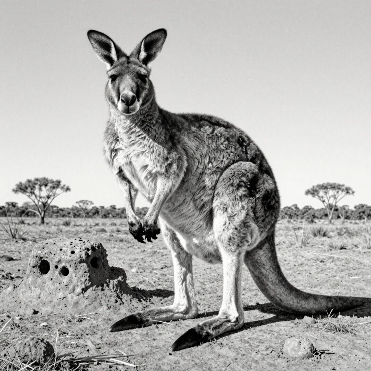 Detailed Graphite Drawing of Alert Kangaroo on Termite Mound