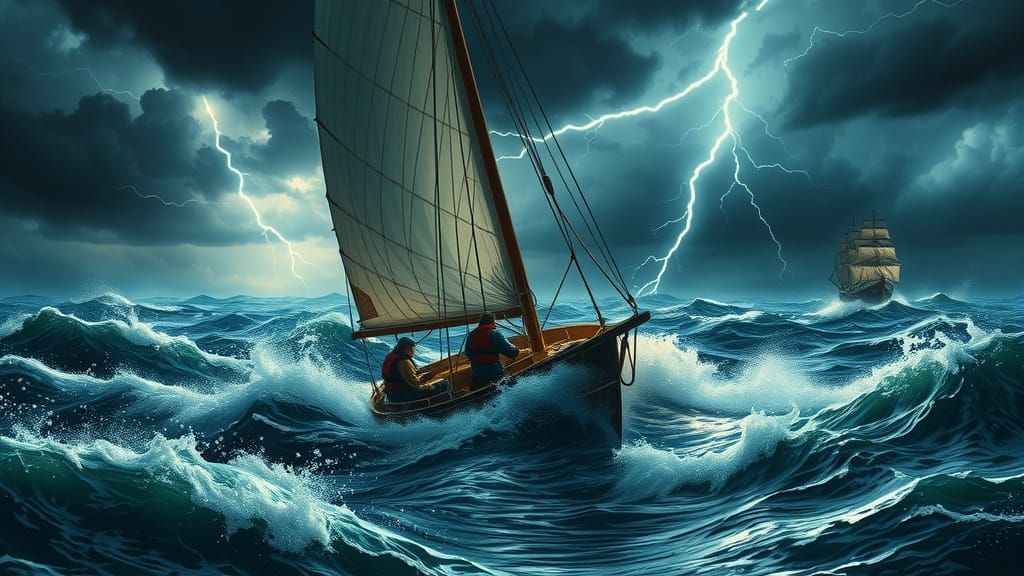 Turbulent Stormy Seascape with Sailboat and Enemy Ship in Da...