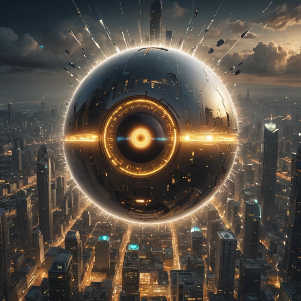 Cybernetic Eye Floats Over Neon Cityscape