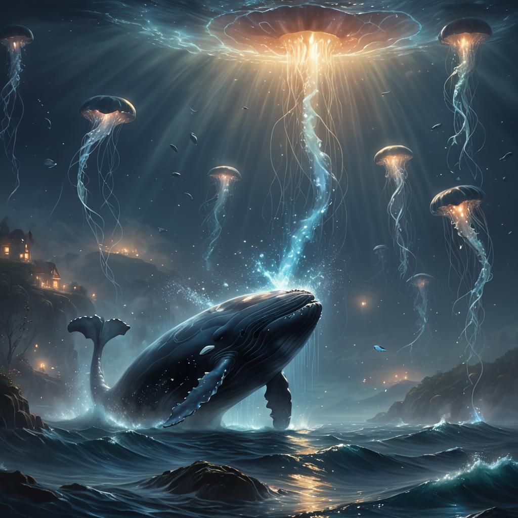 Glowing Whale's Silent Cry in Ethereal Ocean