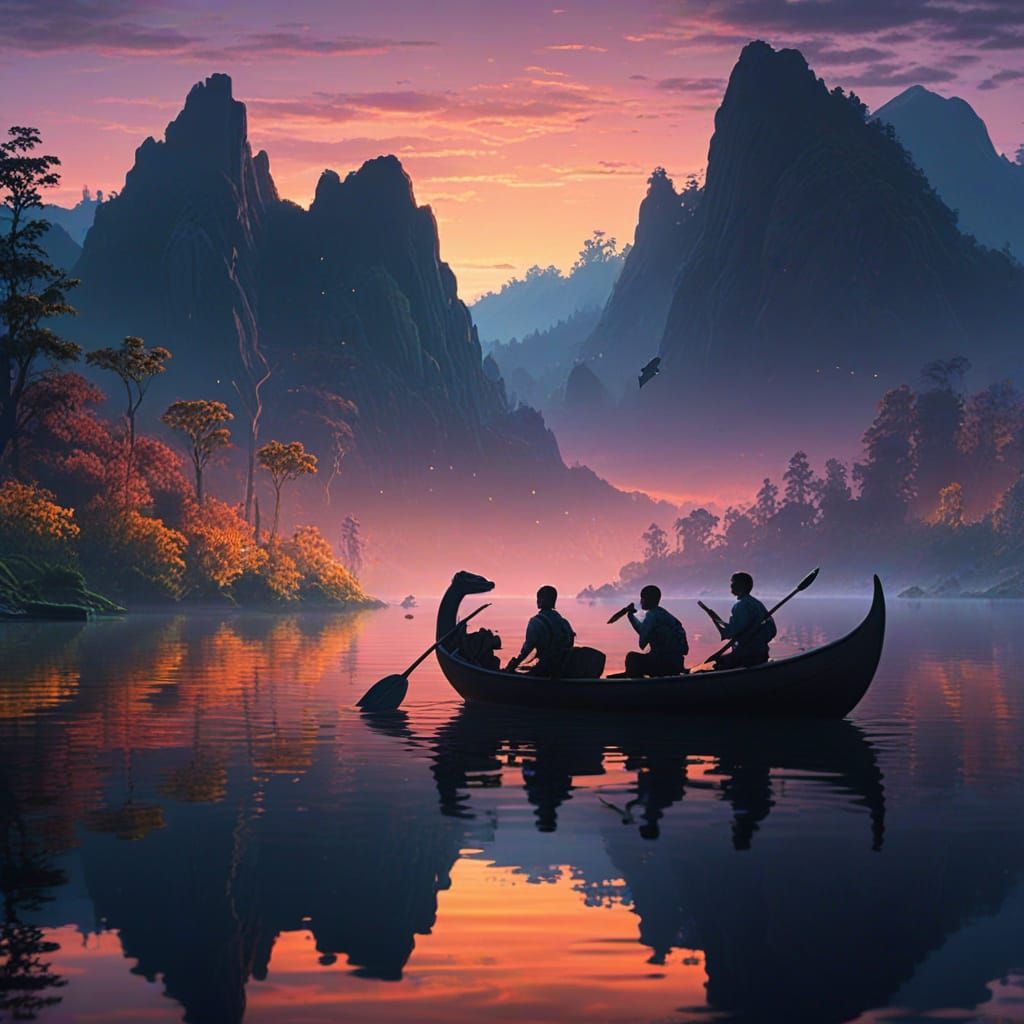 Explorers on Glowing Lake with Brontosaurus Silhouette