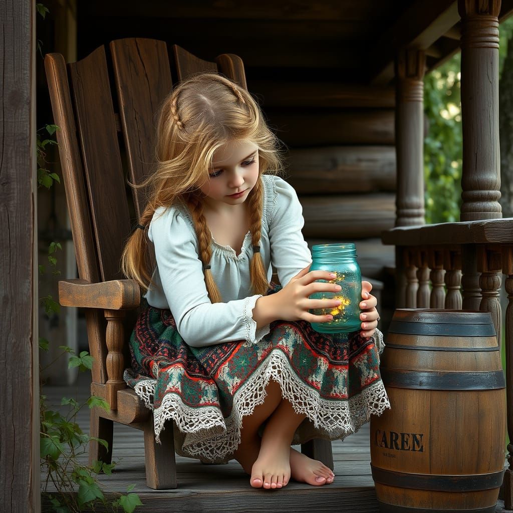 Surreal Boho Girl Peers into a Teal Jar in a Weathered Setti...