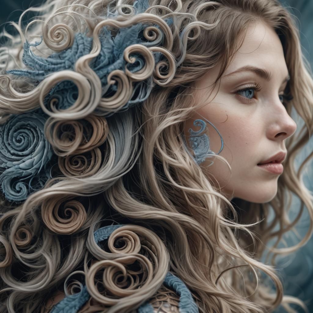 Surreal Digital Portrait with Flowing Hair Patterns