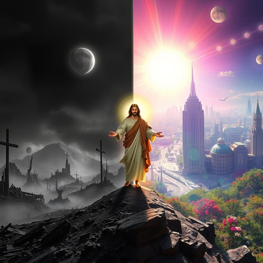 Beksiński-Inspired Dystopian-Utopian Split Scene with Radian...