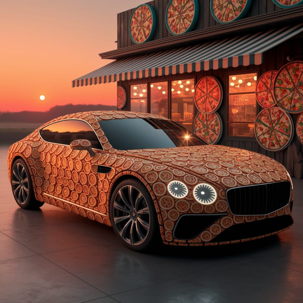 Futuristic Pizza Car Gleams Under Sunset Sky