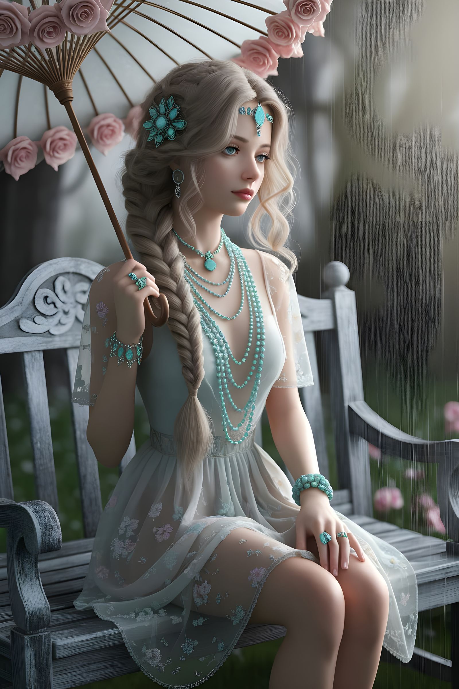 Dreamlike Woman in Rainfall: 3D Render