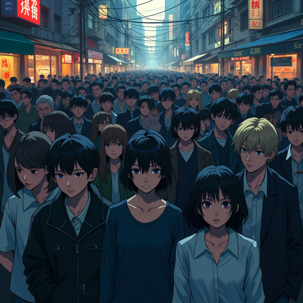 Crowded Urban Street Scene in Manga Style