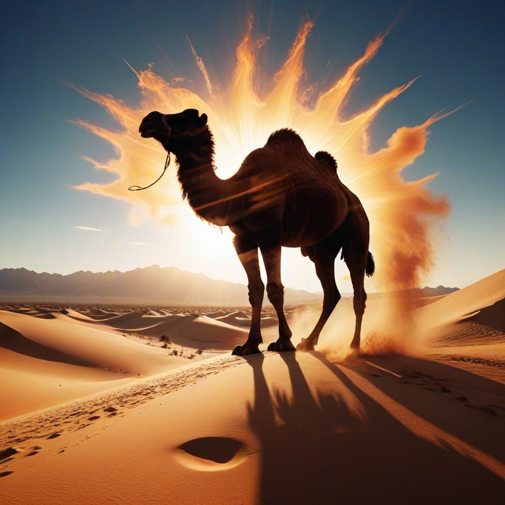 Camel Silhouette Double Exposure with Desert Dunes