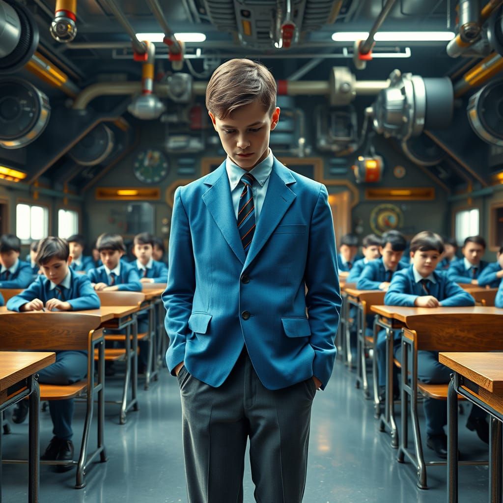 Nostalgic 1960s Schoolboy in Futuristic Classroom