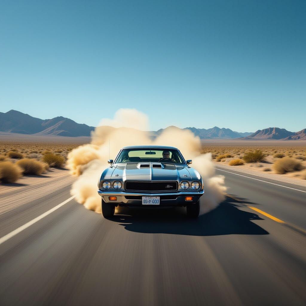 Silver Muscle Car Speeds Down Desert Highway Cinematic