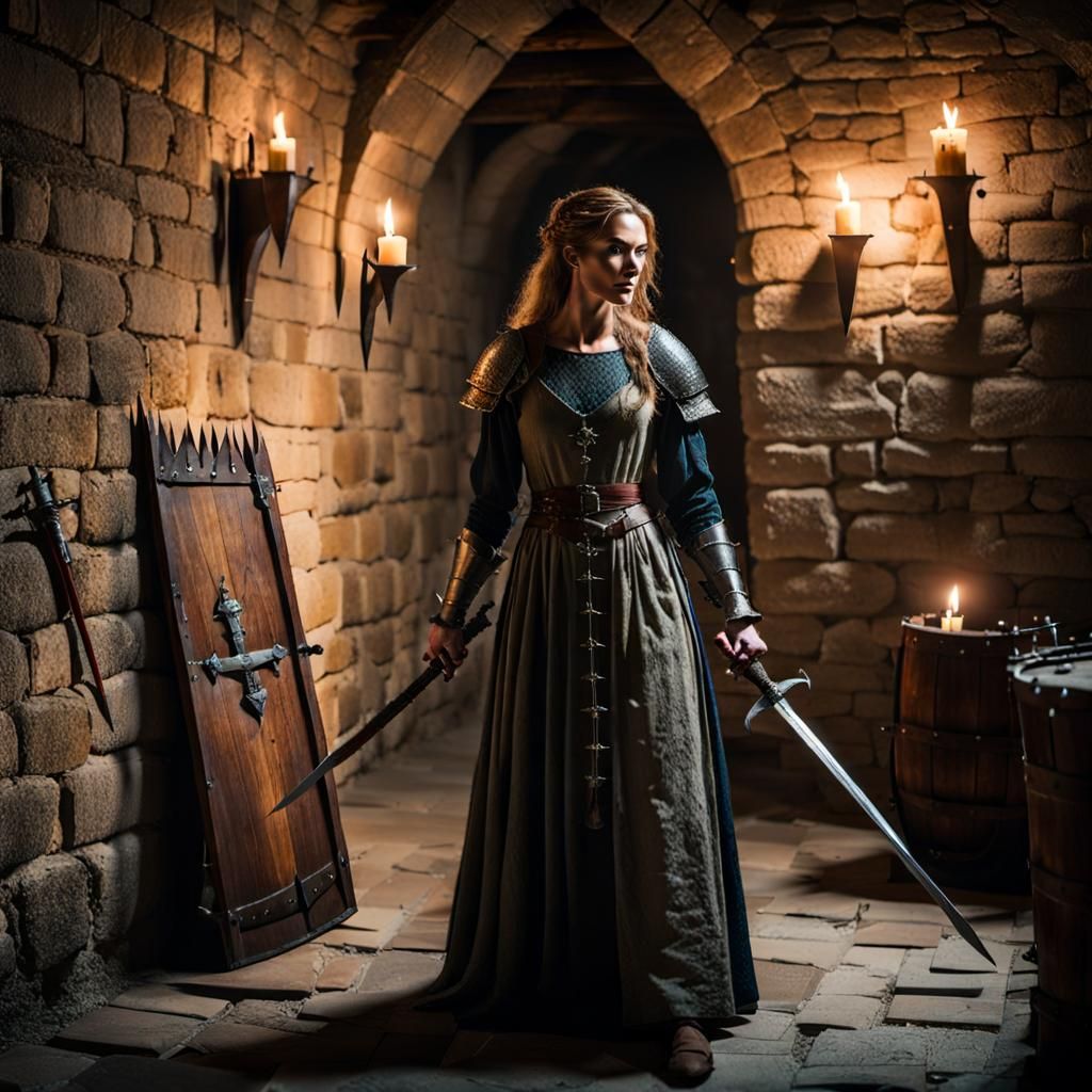 Medieval Woman Warrior Explores Castle Basement