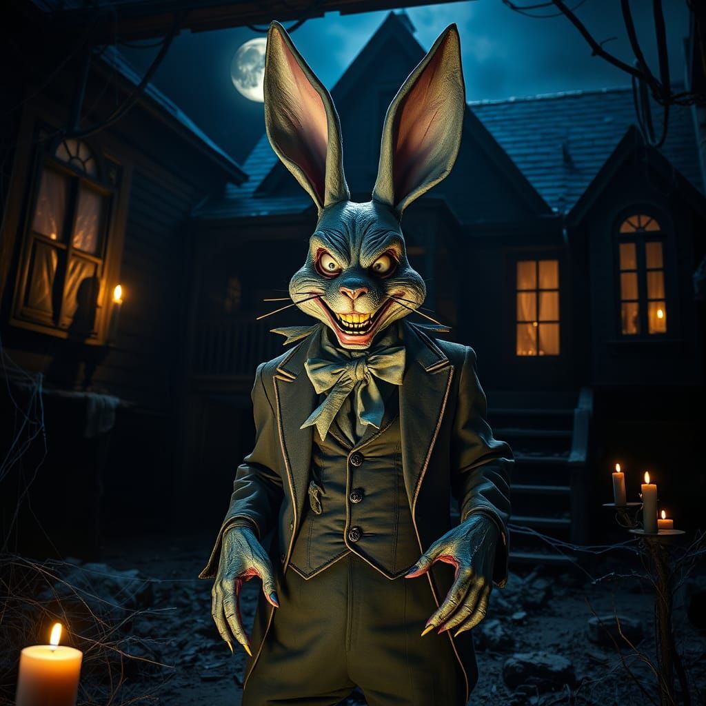 Menacing Easter Bunny in a Haunted Mansion