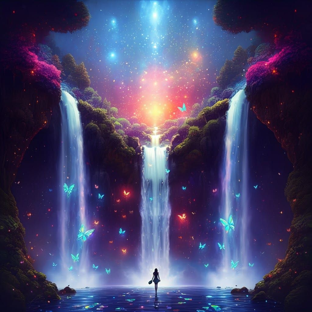 Galactic Waterfalls with Iridescent Butterflies in Sci-Fi St...