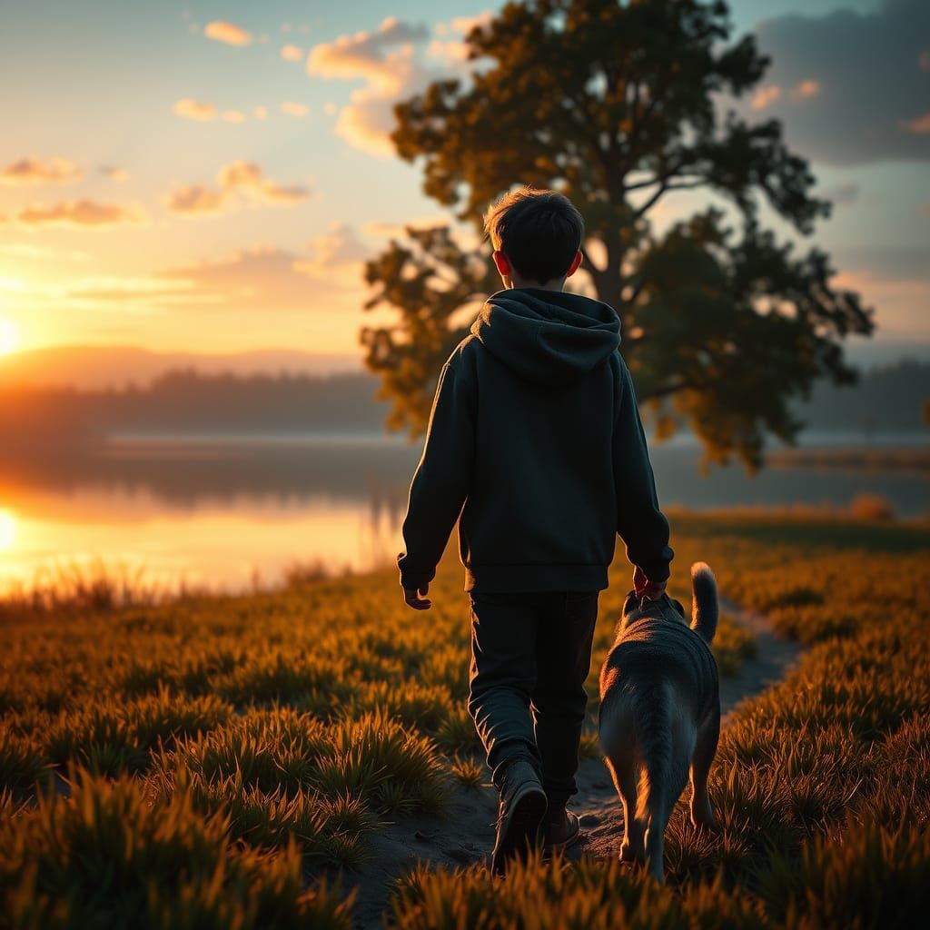 Majestic Sunset Lake Scene with Boy and Dog in a Fantastical...