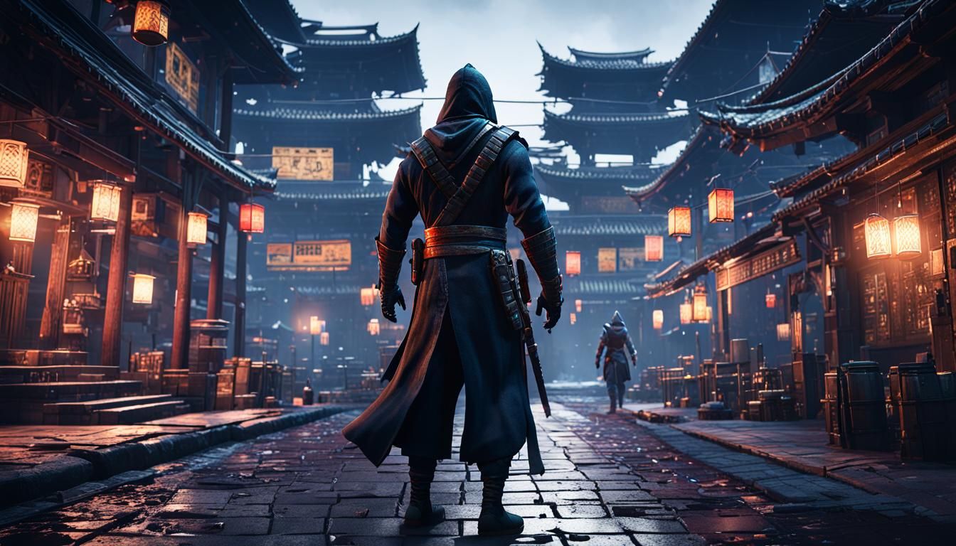 Cinematic Ninja Hero in Dark City: 3D Render