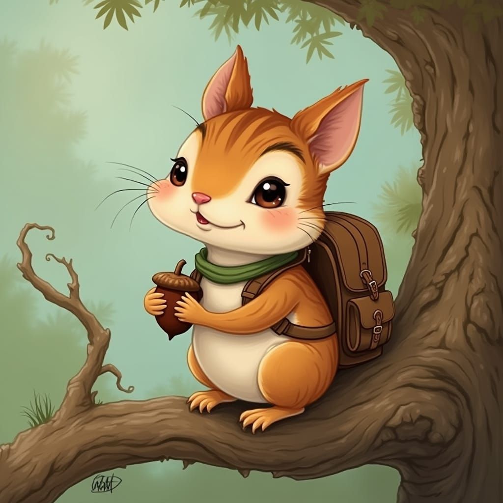 Whimsical Chipmunk with Backpack on Gnarled Branch