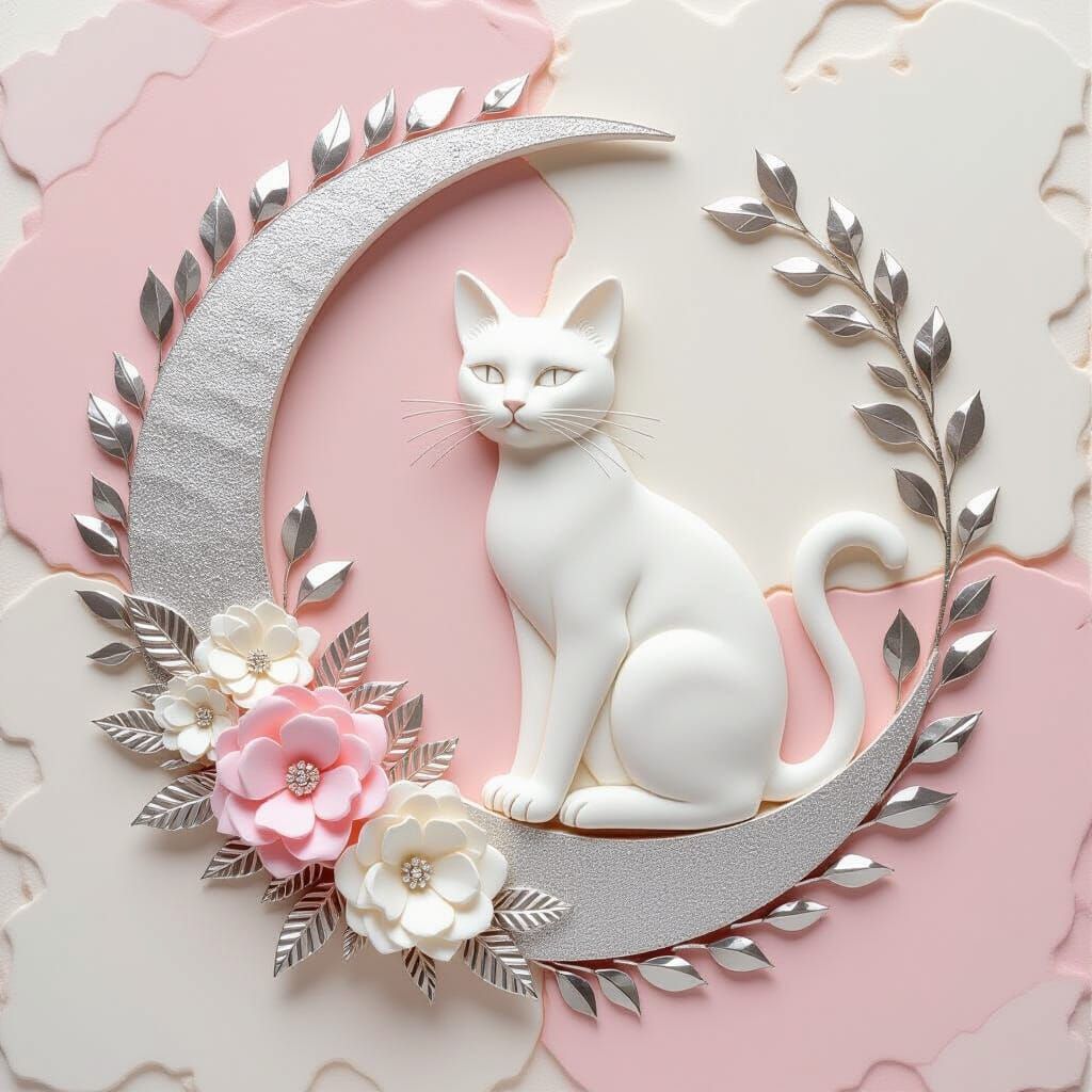 Abstract Stone Cat on Moon with Silver Leaf