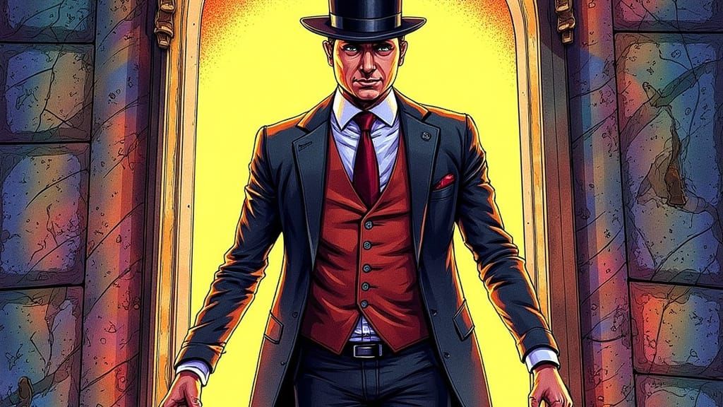 Neo-Noir Gentleman Emerges from Portal in Comic Book Art