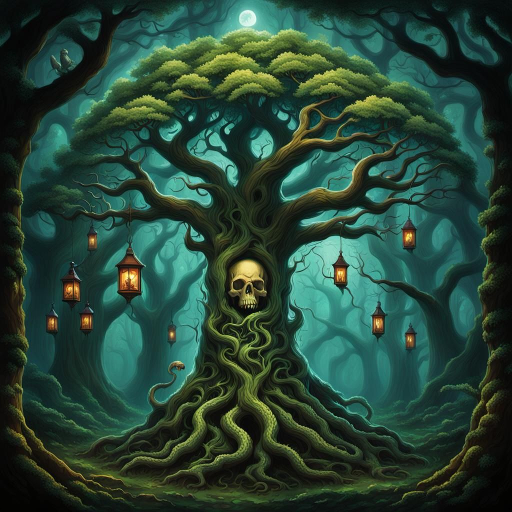 Magical Yew Tree with Serpents and Glyphs