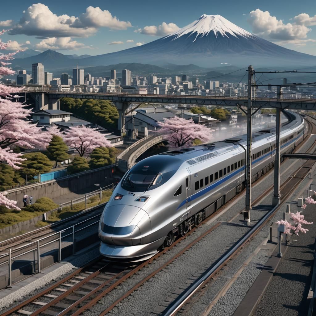 Silver Shinkansen Train near Mount Fuji