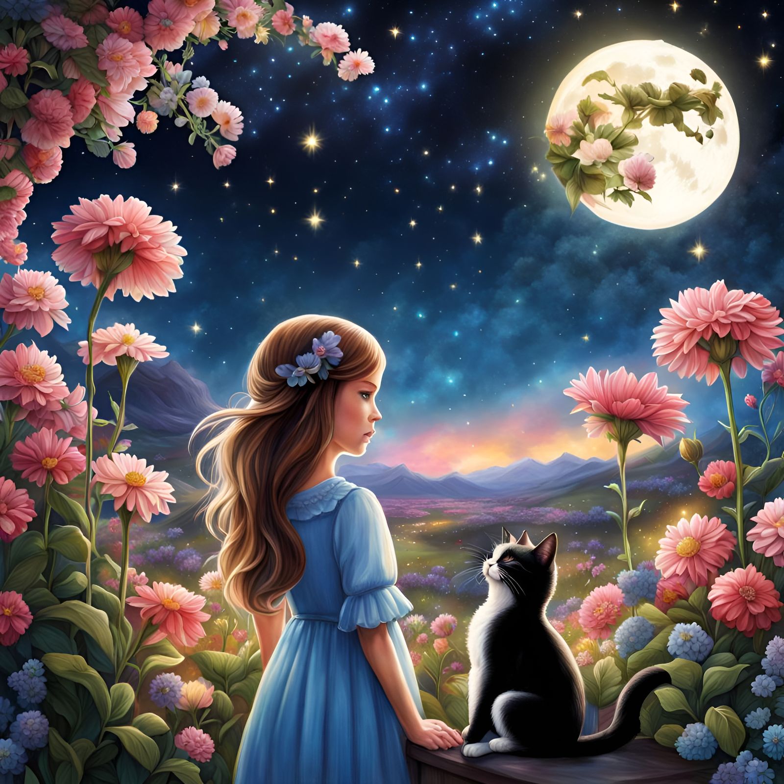 Girl and Cat, Night, Moon, Flowers
