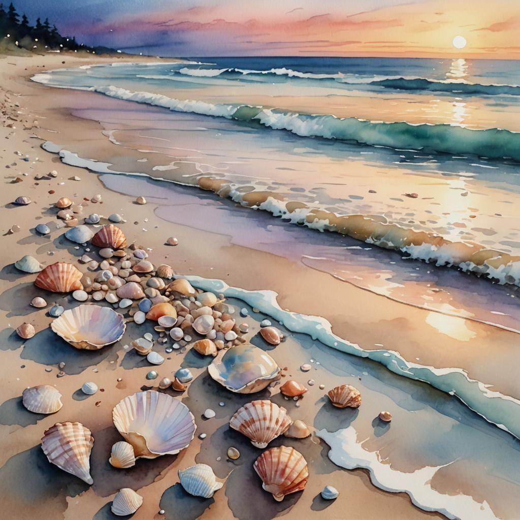 Serene Twilight Beach in Watercolor Style