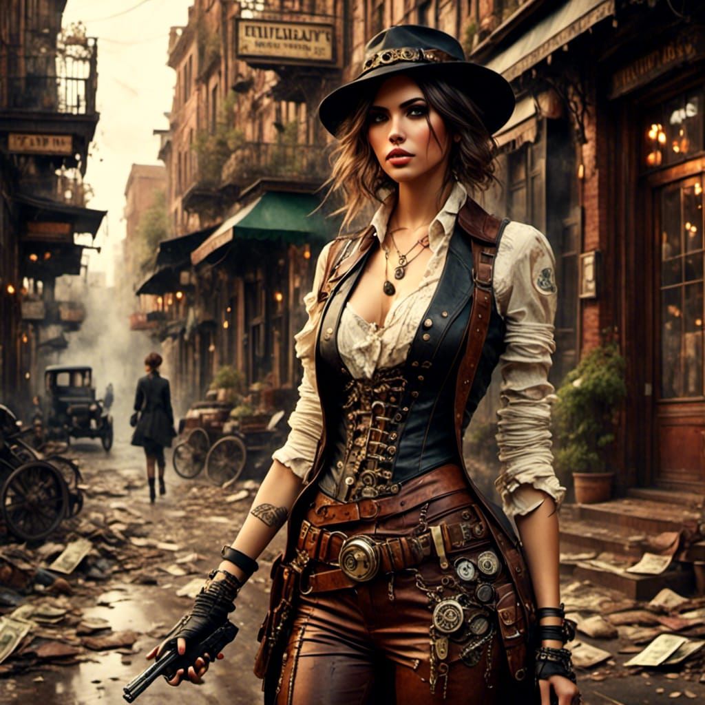 Steampunk Woman with Pistol in 1920s Cityscape