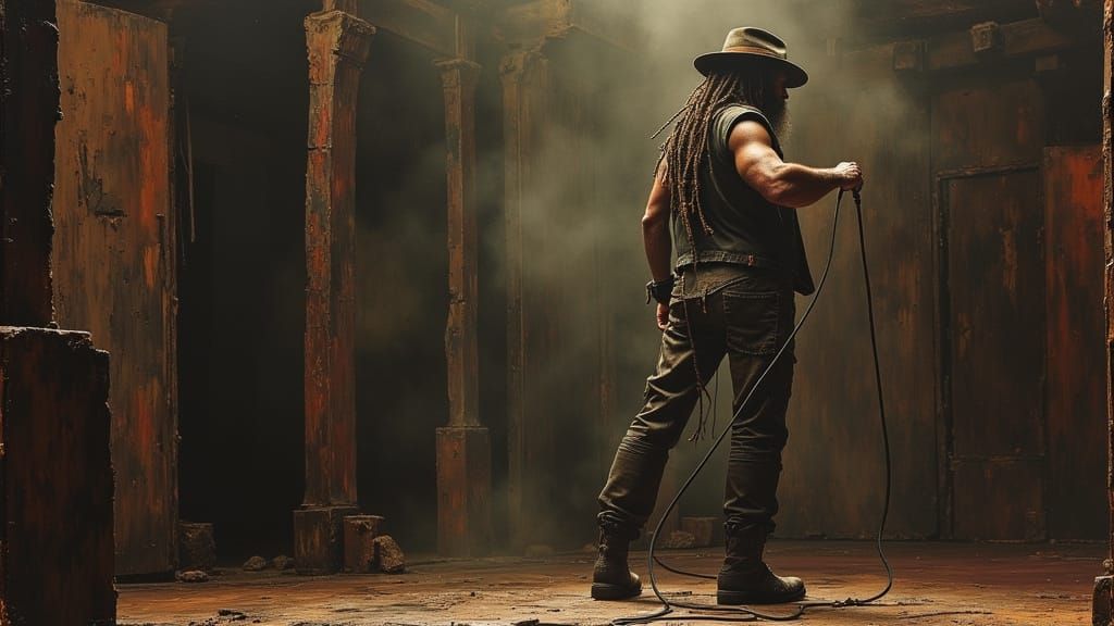 Charismatic Blues Singer on Bayou Stage in Dark Oil Painting