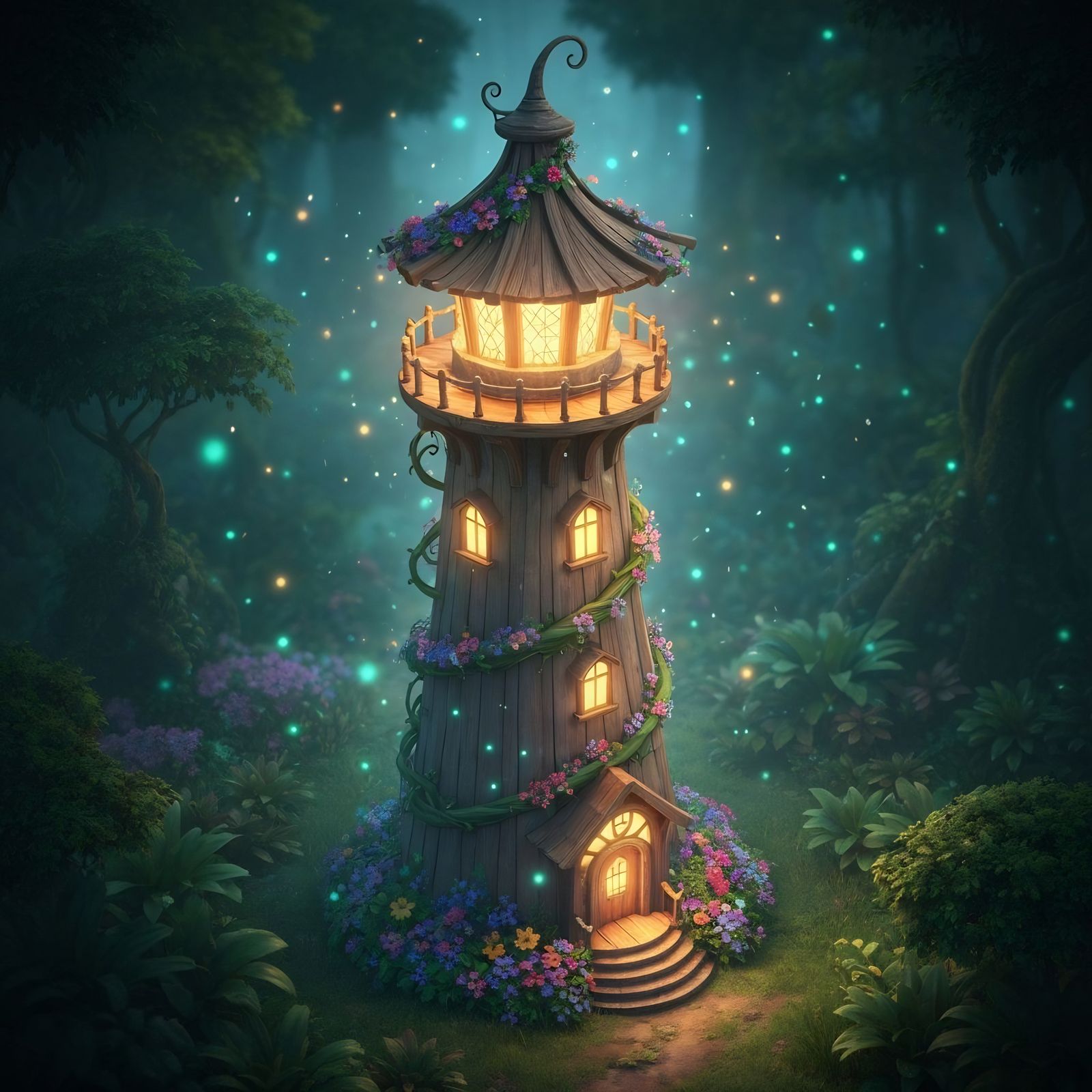 Enchanted Fairy Lighthouse in Bioluminescent Forest