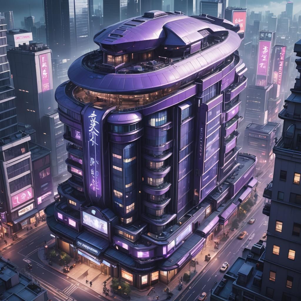 Cyberpunk Skyscraper with Airship, 3D Anime Art