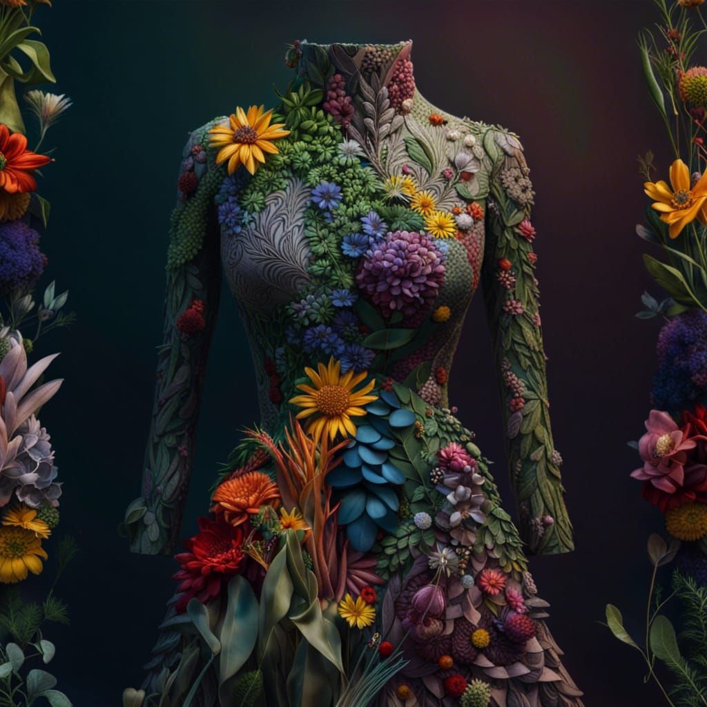SURREAL Artisanal dress made entirely of local plants flowers and herbs