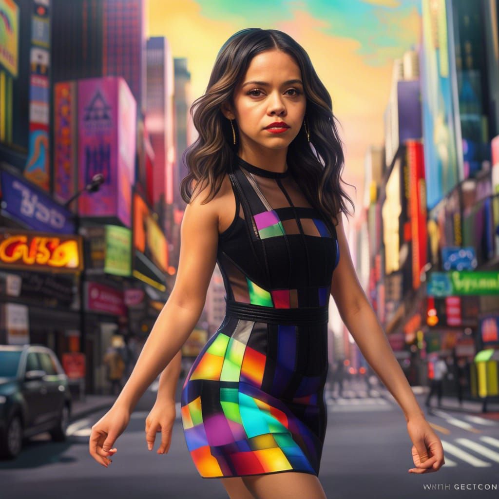 Jenna Ortega walking, tokyo city background, bright colors, photorealistic,